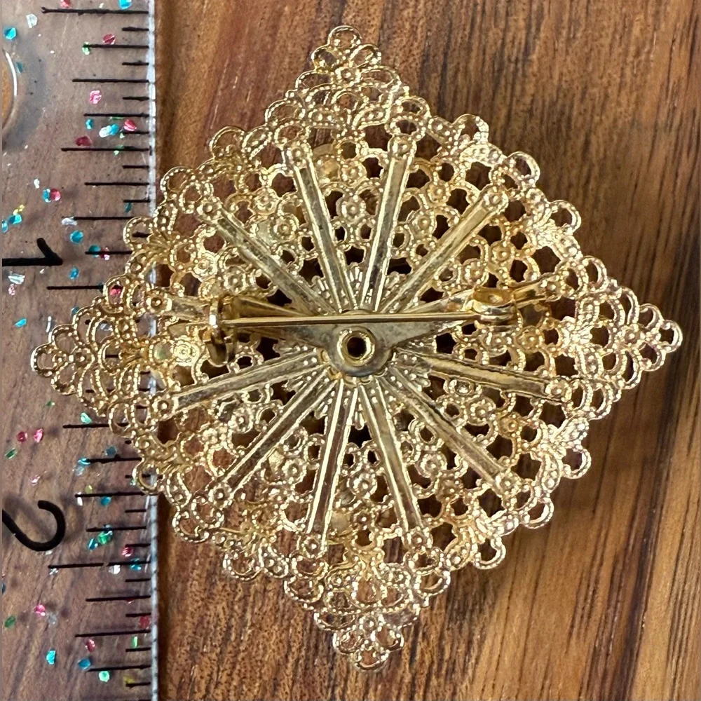 Vintage Filigree Moon Stone Gold Tone Rhinestone Brooch Pin